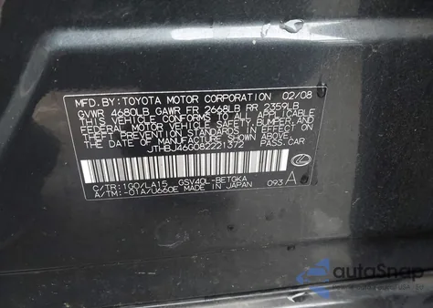 2008 Lexus Es 350 from USA, damaged, VIN JTHBJ46G082221372